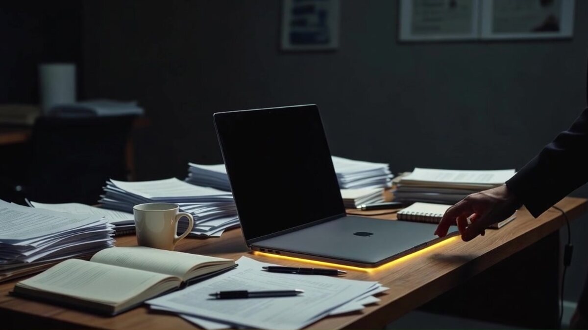 A desk at the end of the day: stacked paperwork, an open notebook and a laptop closing under a warm light