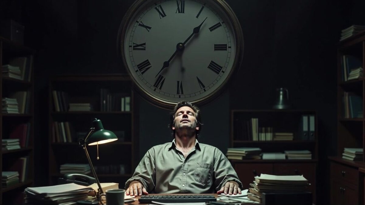 A person at a desk beneath a large wall clock, surrounded by stacked paperwork late in the day